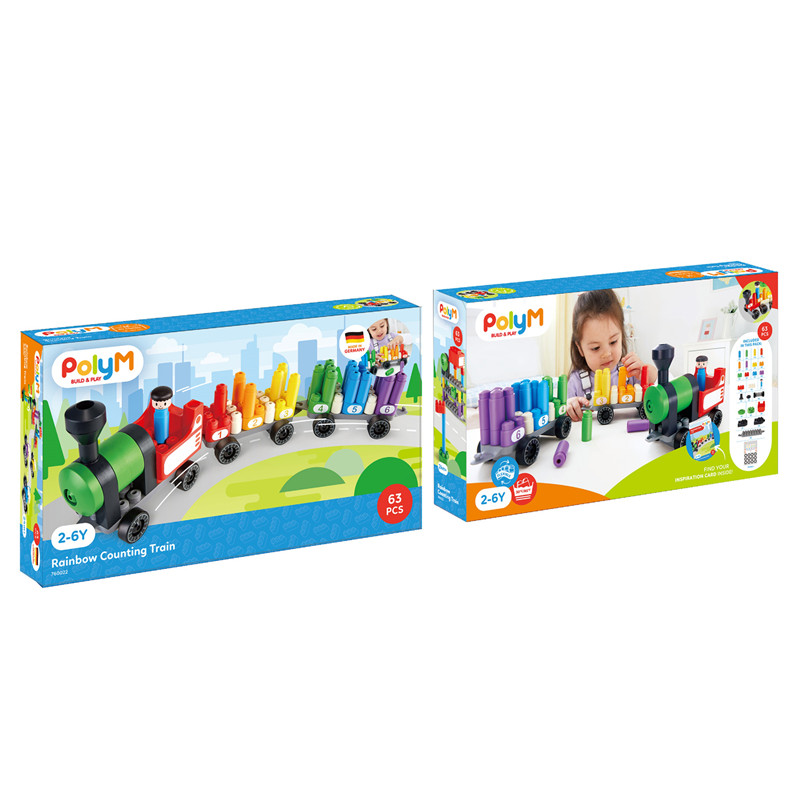 Kereta Hitung Hape PolyM Rainbow | 63 Piece Building Brick Train Toy Set dengan Figurines & Accessories