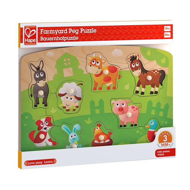 Puzzle Pege Farmyard HAPE | 10 Piece Kayu Hewan Peg Jigsaw Puzzle Game, Mainan Belajar untuk Balita