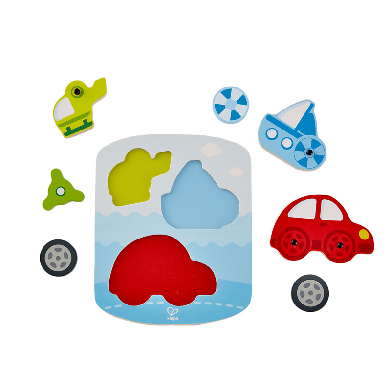 Puzzle Kendaraan Dinamis HAPE | 3 Piece Kayu Bentuk Menyortir Game Puzzle Jigsaw Untuk Balita, Multi-warna