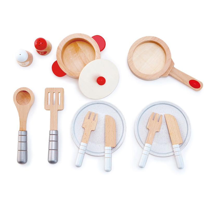Hape Masak u0026amp; Sajikan Set |13 Piece Kayu Berpura-pura Bermain Memasak Set Dengan Aksesoris
