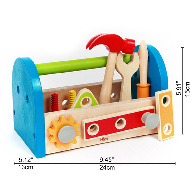 Perbaiki kotak alat kayu dengan aksesori oleh HAPE | Konstruksi Berwarna-warni Workbench Pounding Alat Mainan Set untuk Anak-anak, Memecahkan masalah Berpura-pura bermain set, 17 piece