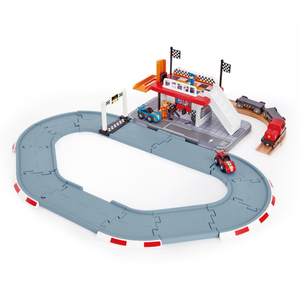 Stasiun Track Race Hape | Mainan lintasan balap anak-anak yang realistis kayu dengan dua mobil balap, gerbong & stasiun perbaikan