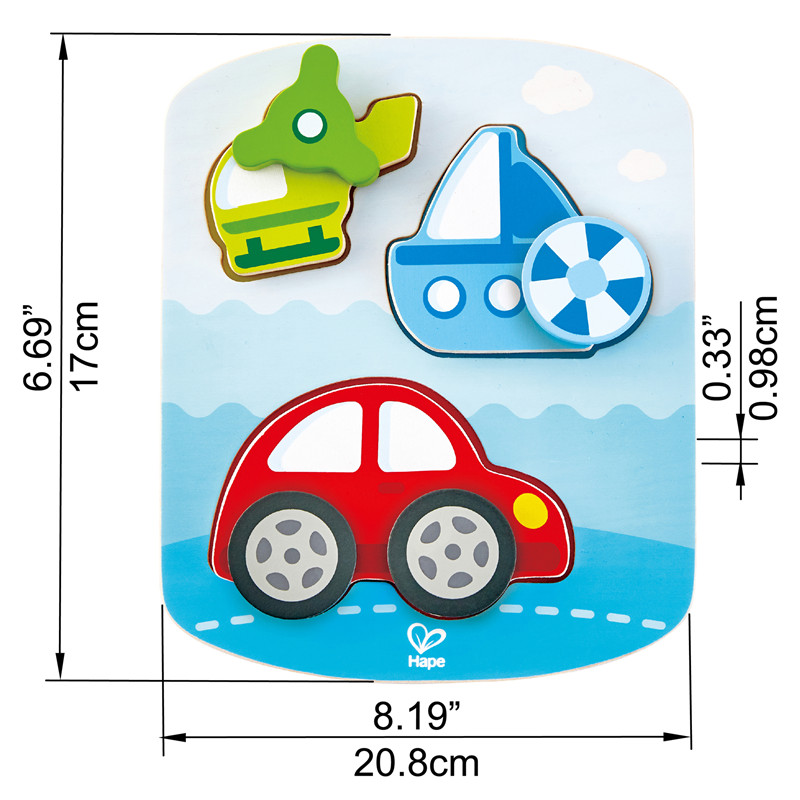 Puzzle Kendaraan Dinamis HAPE | 3 Piece Kayu Bentuk Menyortir Game Puzzle Jigsaw Untuk Balita, Multi-warna