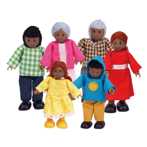 Hape Happy Family Dollhouse Set | Set Keluarga Boneka Pemenang Penghargaan, Aksesori Unik untuk Rumah Boneka Kayu Anak-anak, Mainan Bermain Imajinatif, 6 Tokoh Keluarga Afrika Amerika